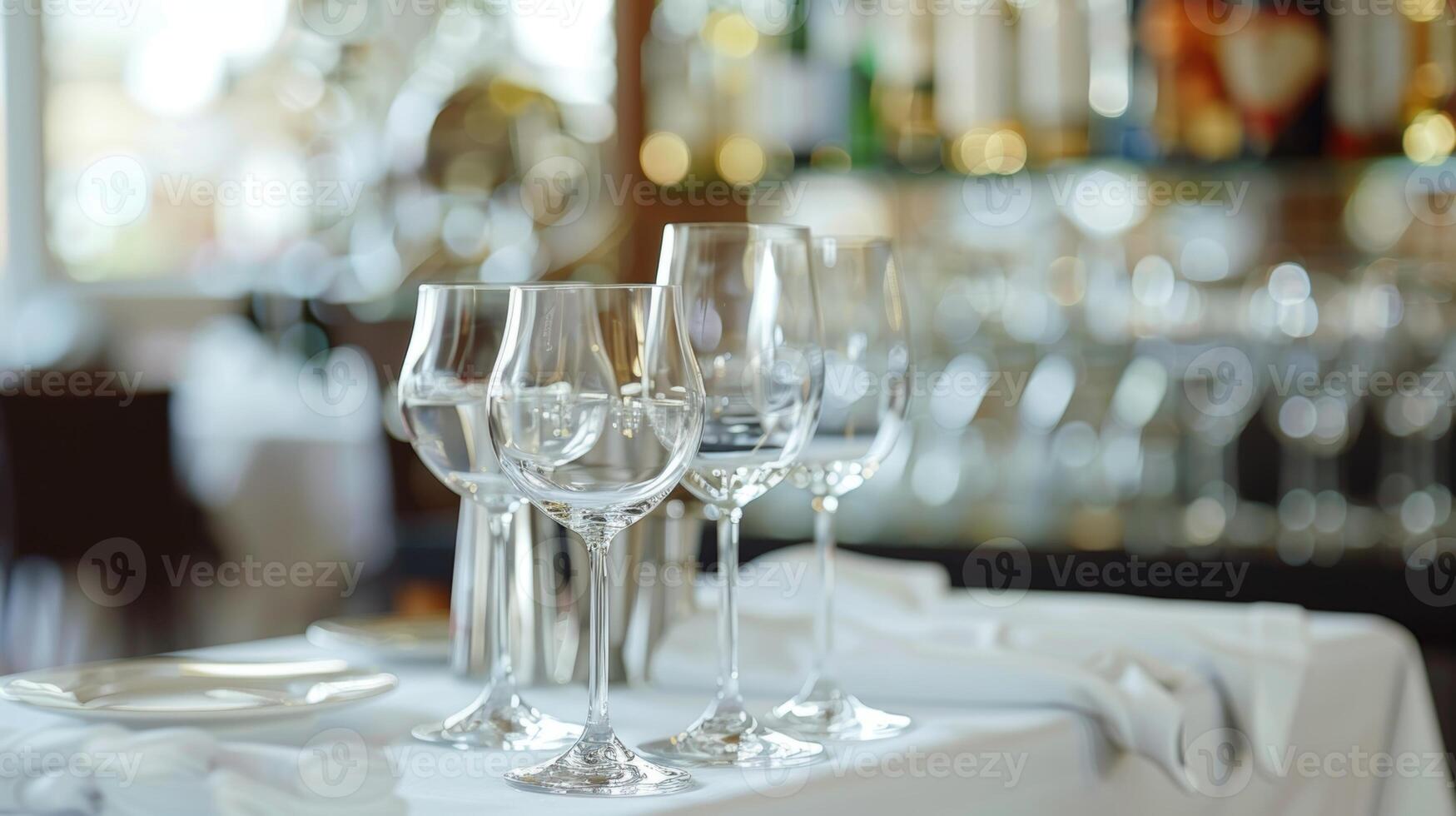 une croustillant blanc nappe de table jj plus de le Accueil bar compteur prêt un air de élégance comme des lunettes sont habilement rempli et les boissons sont servi photo
