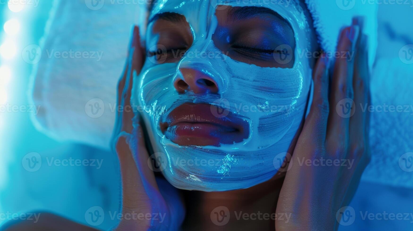 une femme appliquant une refroidissement visage masque après un infrarouge sauna session sentiment rafraîchi et prêt pour une reposant nuits dormir. photo