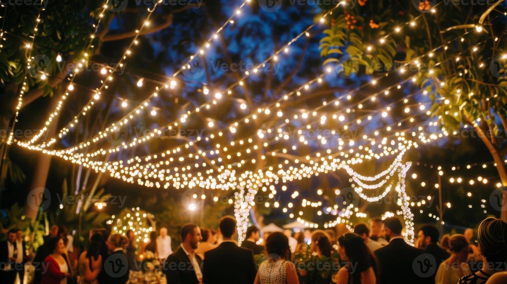 cordes de Fée lumières entrecroisement au dessus le invités moulage une chaud et romantique lueur sur le tout cérémonie. 2d plat dessin animé photo