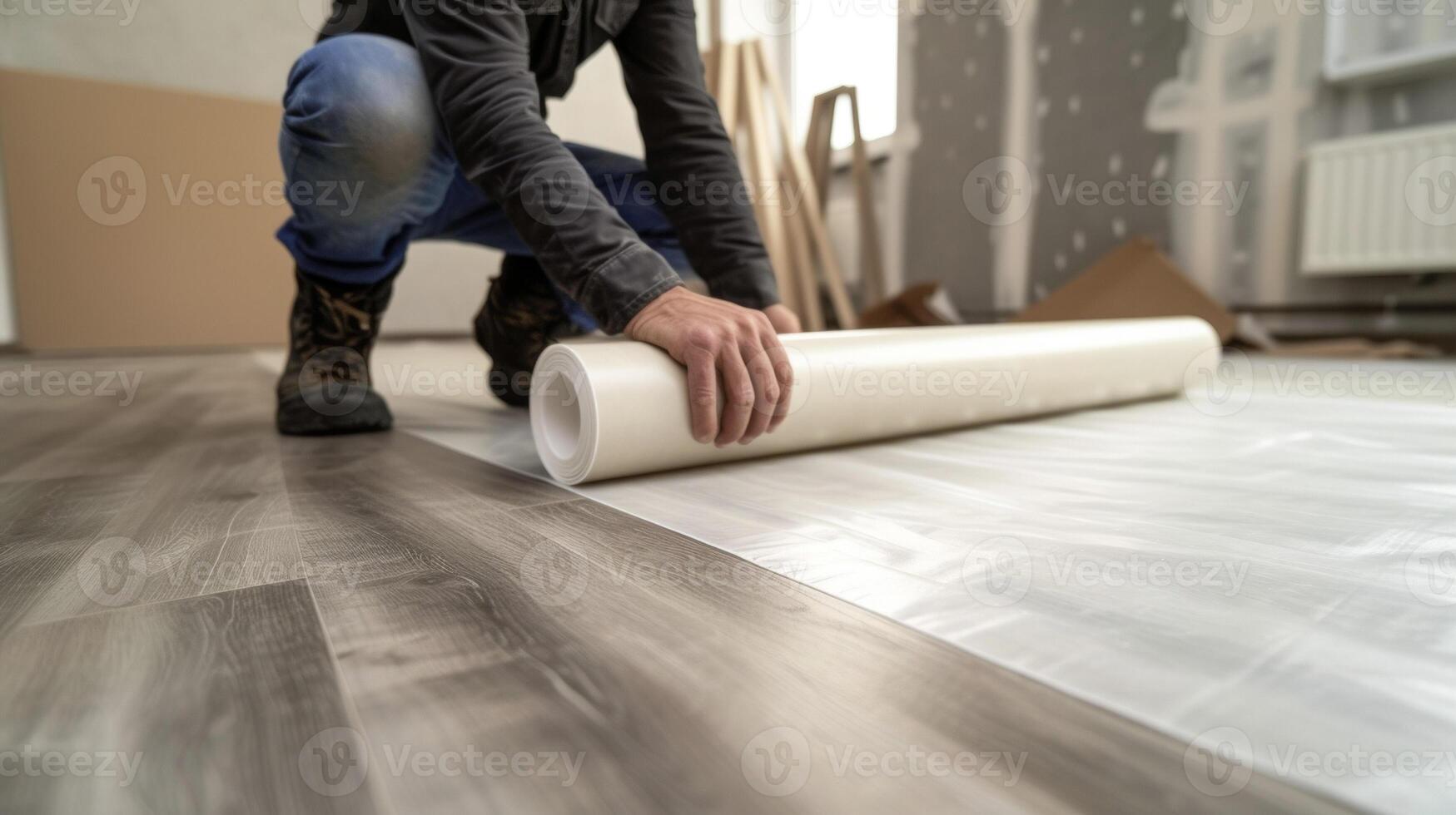 une la personne dans travail bottes roulant en dehors une grand feuille de vinyle sol dans une chambre soigneusement lissage en dehors tout air bulles photo