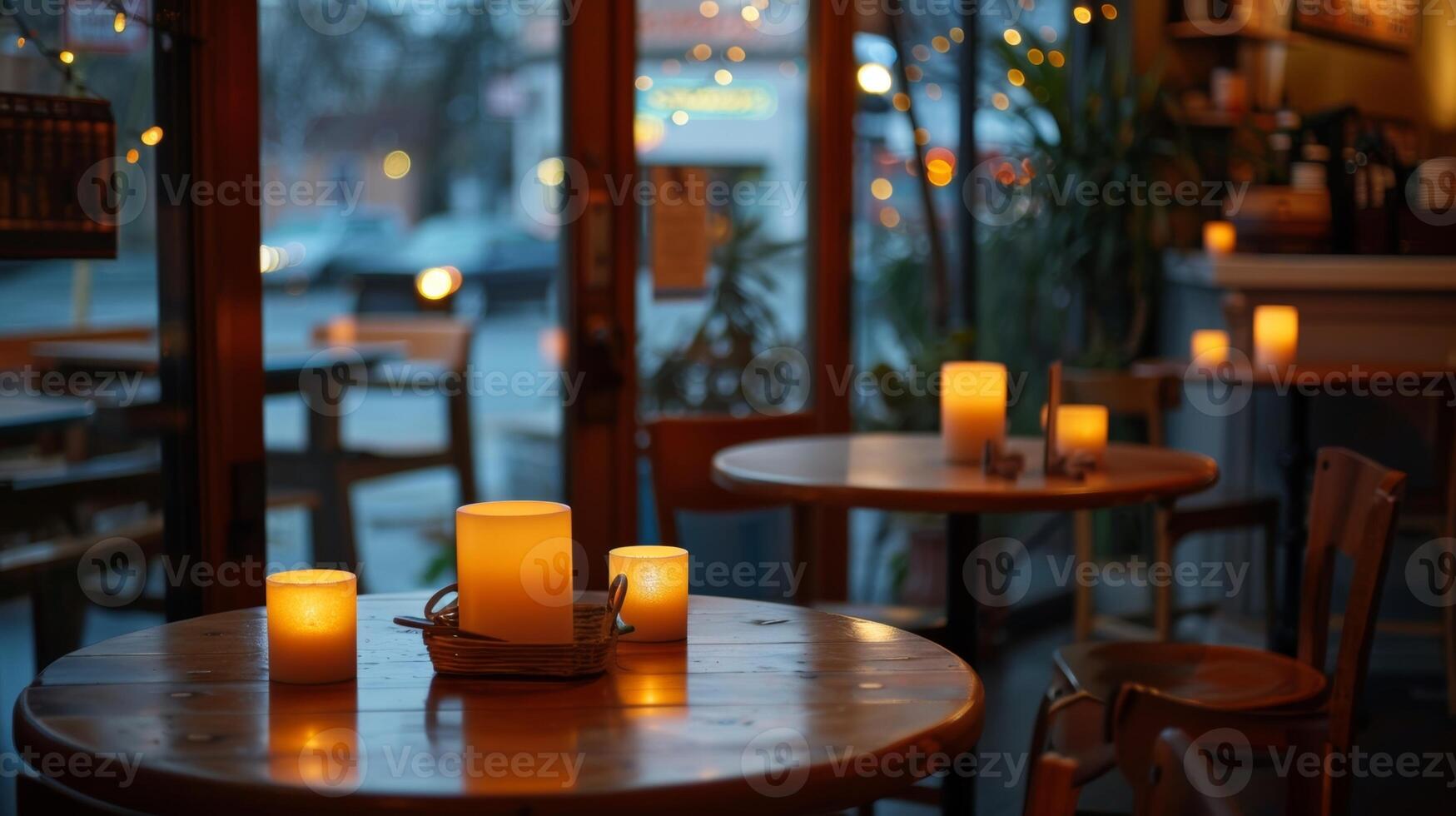 une pittoresque café magasin avec un LED bougie tableau sur chaque table offre une confortable et attrayant atmosphère. 2d plat dessin animé photo