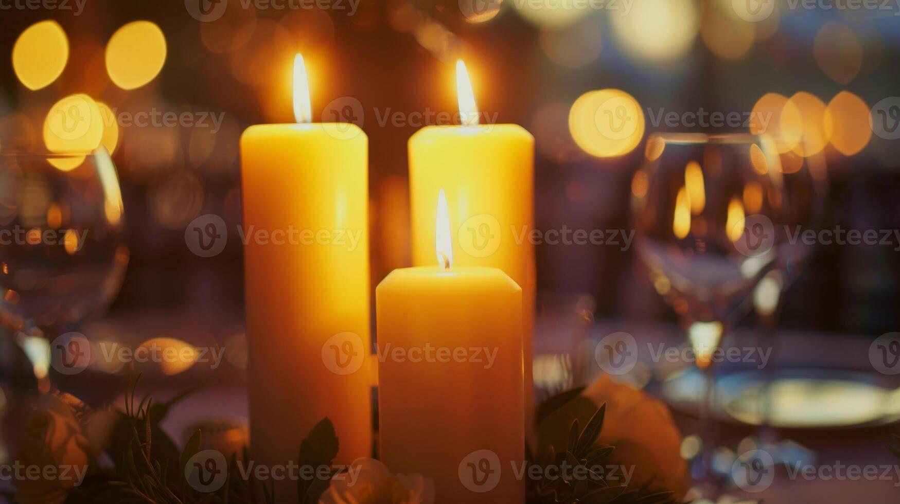 chaque table est orné avec une pièce maîtresse de ed bougies dans divers hauteurs moulage une romantique et intime lumière sur le invités comme elles ou ils dîner. 2d plat dessin animé photo