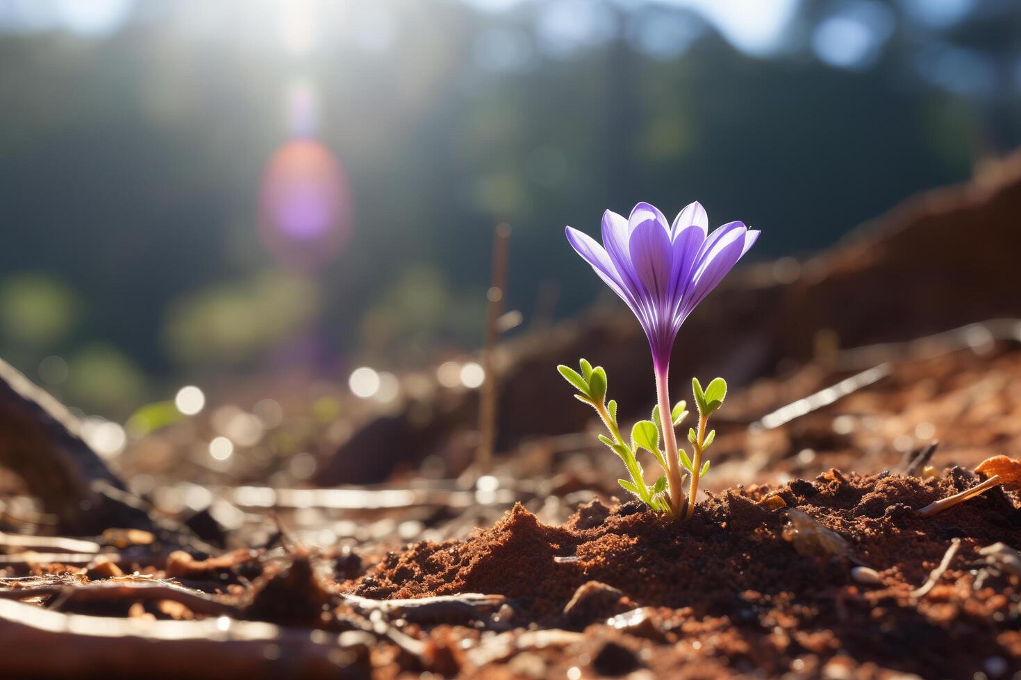 une petit violet fleur est pousse vers le haut de le sol, mettant en valeur le beauté de natures résistance et croissance. photo
