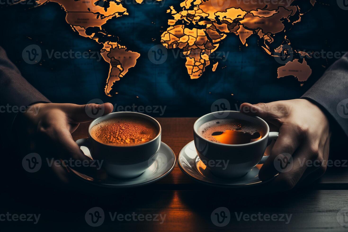 une les personnes mains en portant deux tasses de café dans de face de une monde carte. des produits de tout plus de le monde. photo