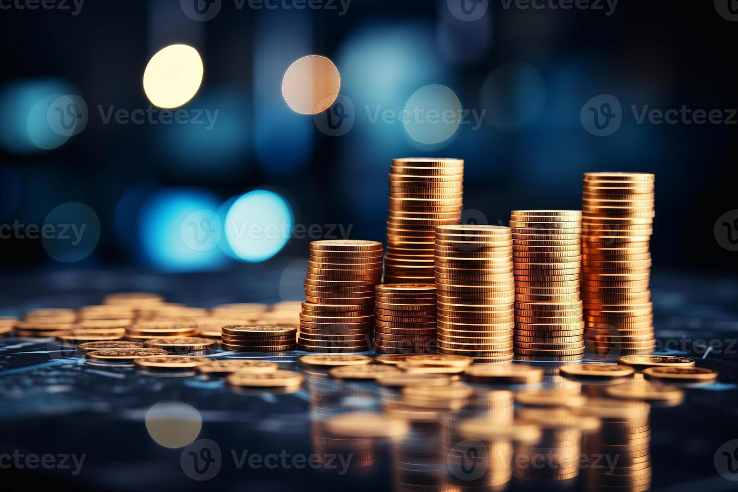 nombreuses piles de or pièces de monnaie de différent hauteurs avec une flou lumière arrière-plan, caractérisant financier prospérité. photo