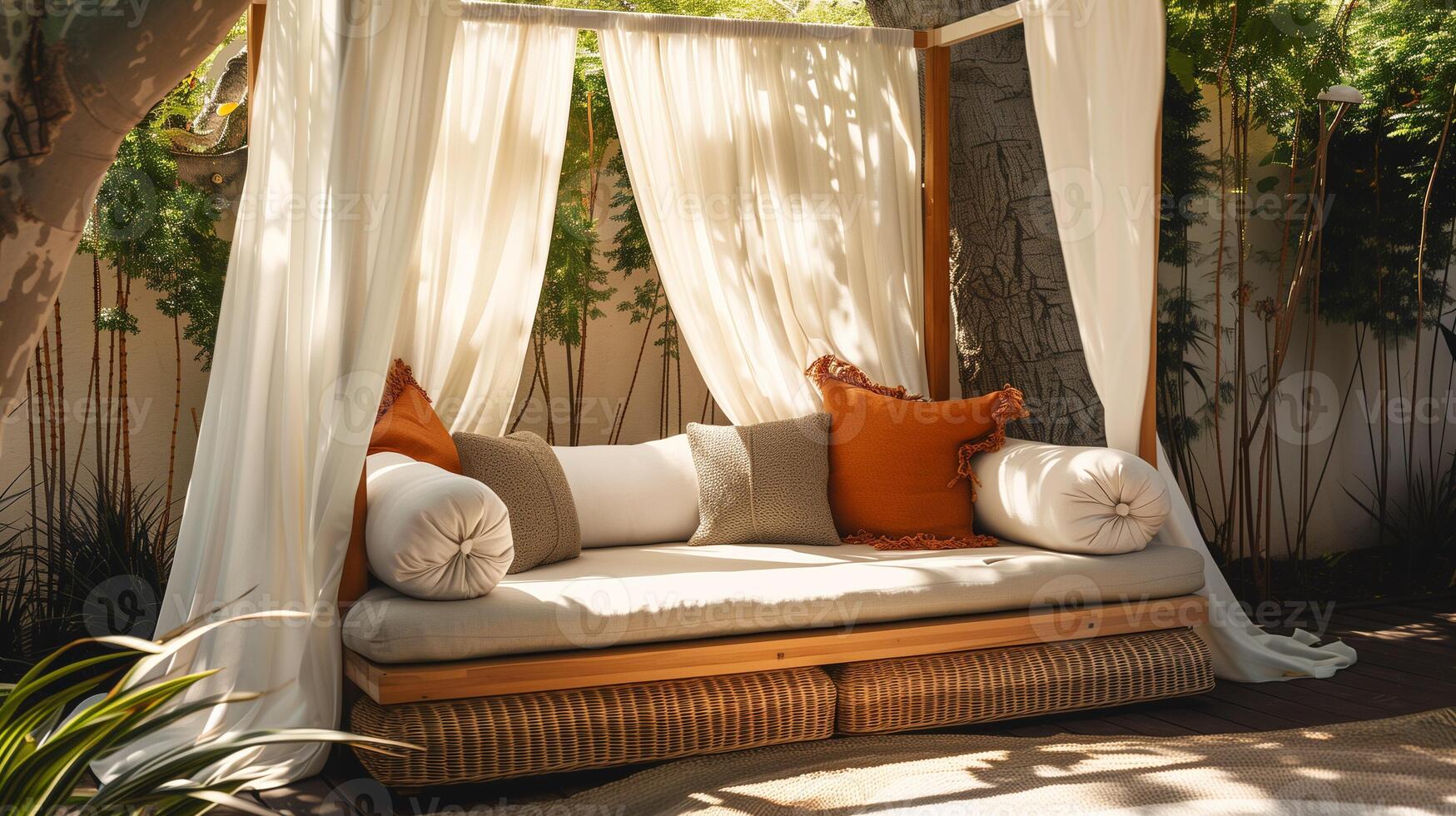 confortable Extérieur cabane avec peluche coussins niché dans une tranquille jardin, idéal pour été relaxation ou Accueil décor inspiration photo