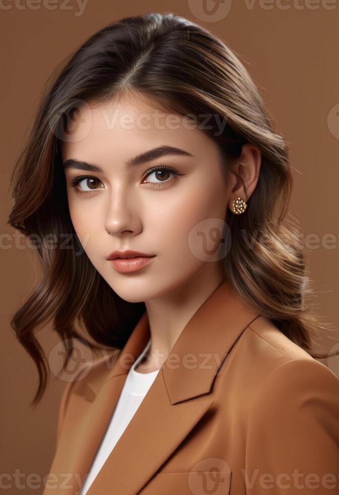 élégant Jeune femme avec subtil maquillage portant une élégant marron blazer, idéal pour entreprise, professionnel des tirs à la tête, ou international aux femmes journée concepts photo