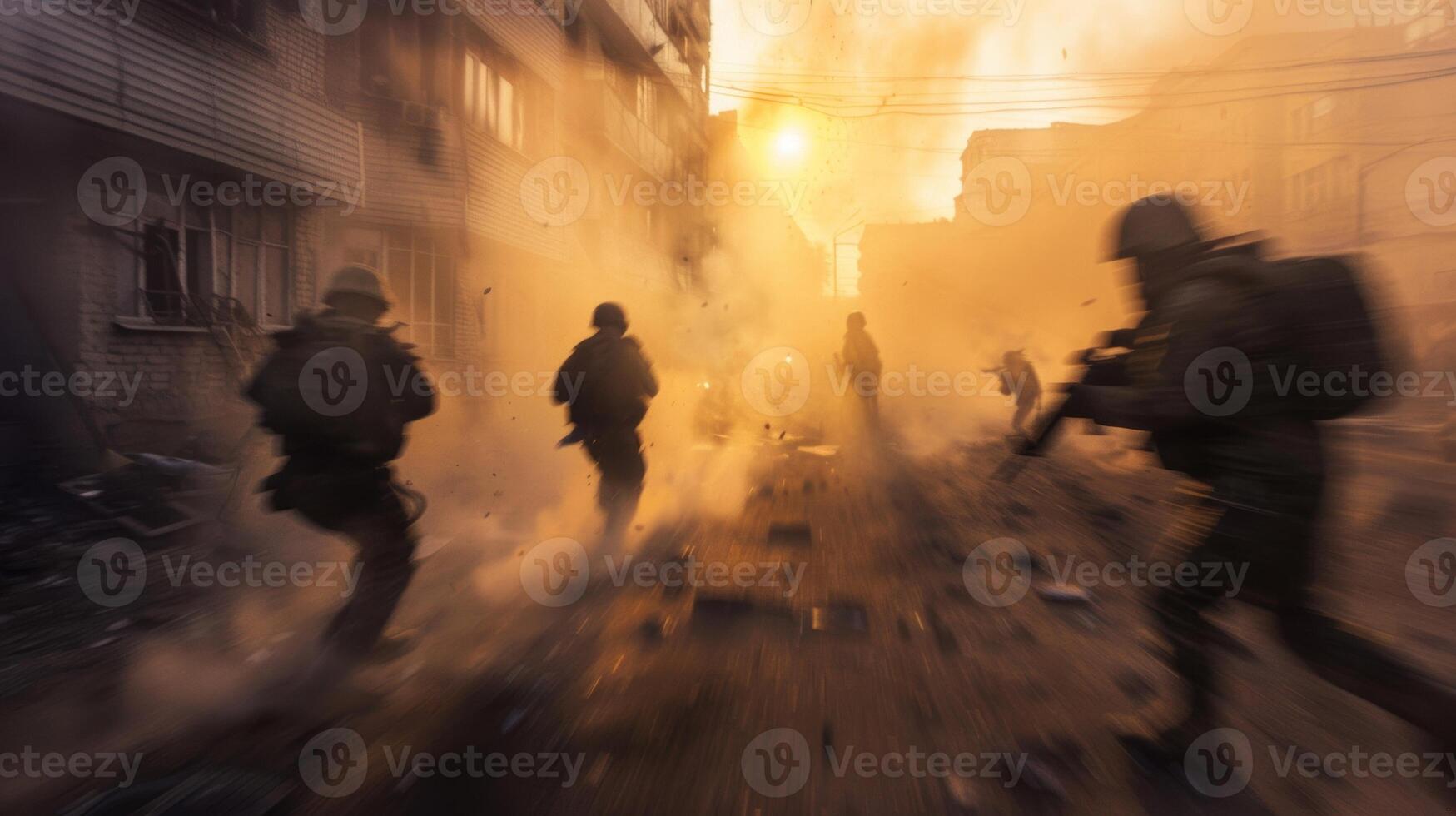 flou Les figures fonctionnement dans une enfumé rue, guerre scène photo