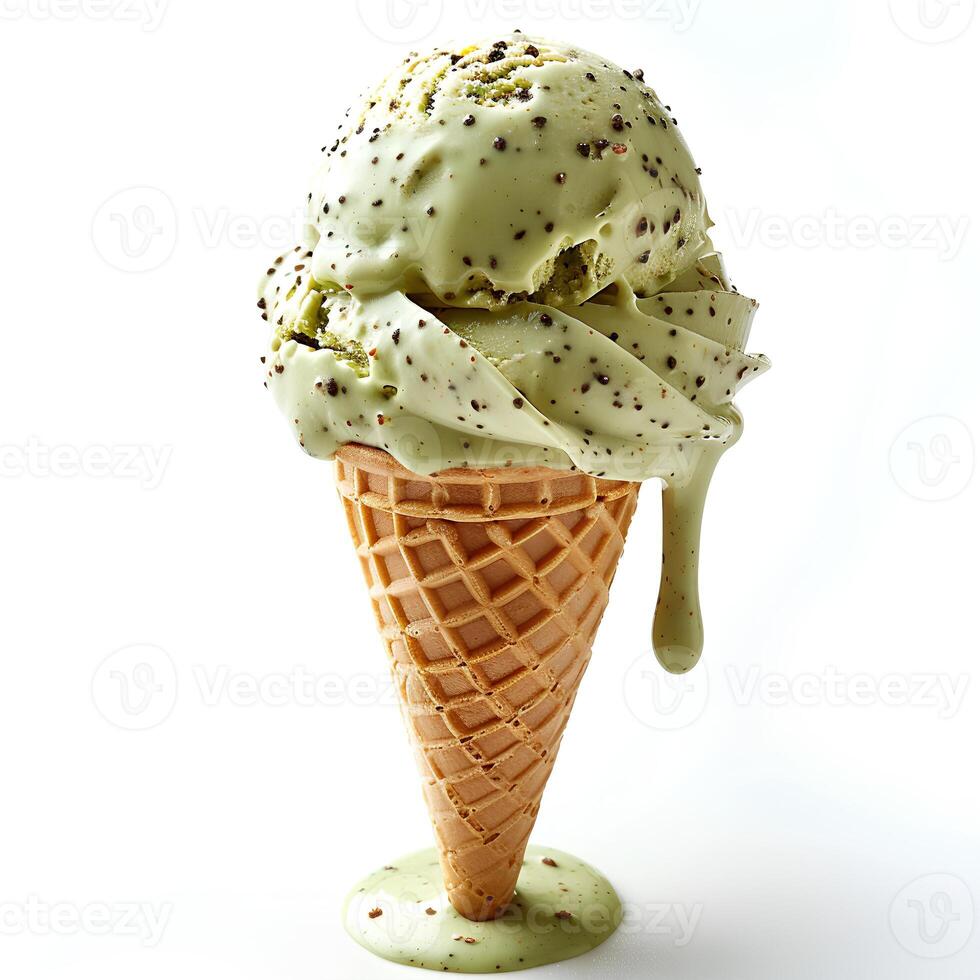 pistache la glace crème cône isolé sur blanc Contexte avec ombre. vert pistache la glace crème Haut vue plat allonger photo