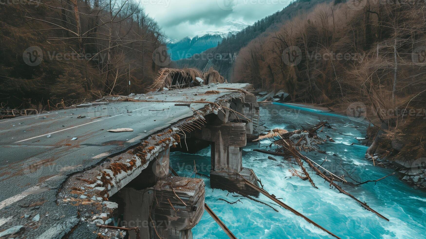 s'est effondré pont plus de une rivière, conséquences de une Naturel catastrophe photo