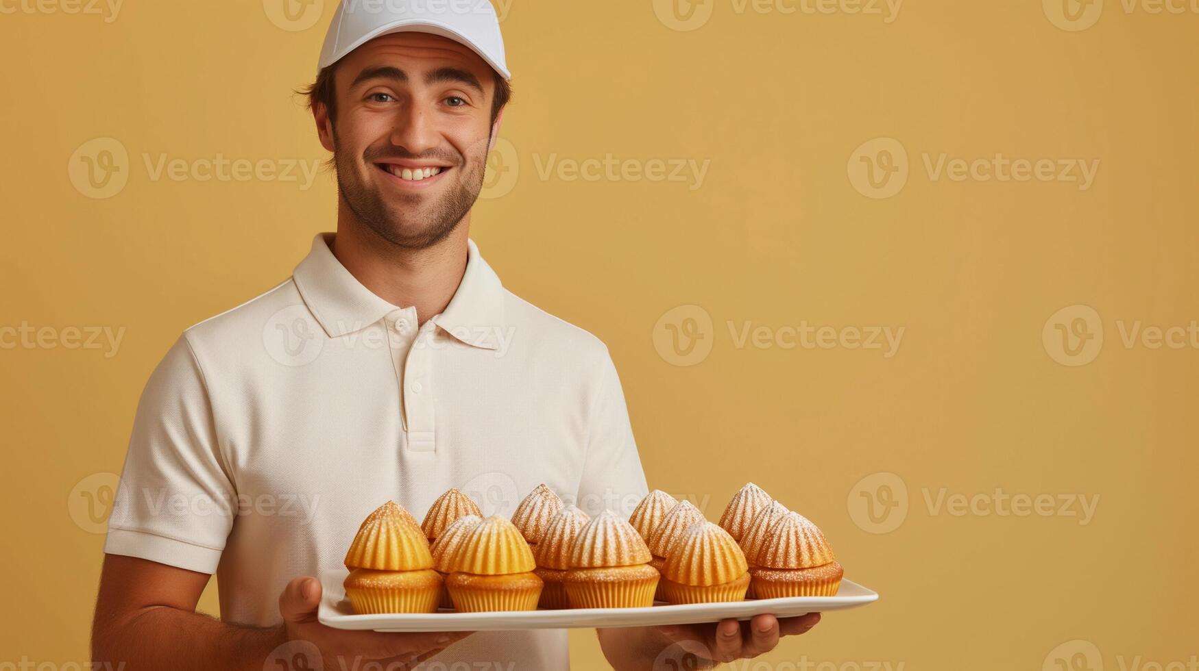 de bonne humeur caucasien Masculin boulanger dans uniforme en présentant une assiette de fraîchement cuit citron Meringue tartes contre une chaud beige arrière-plan, en relation à action de grâces et cuisson photo