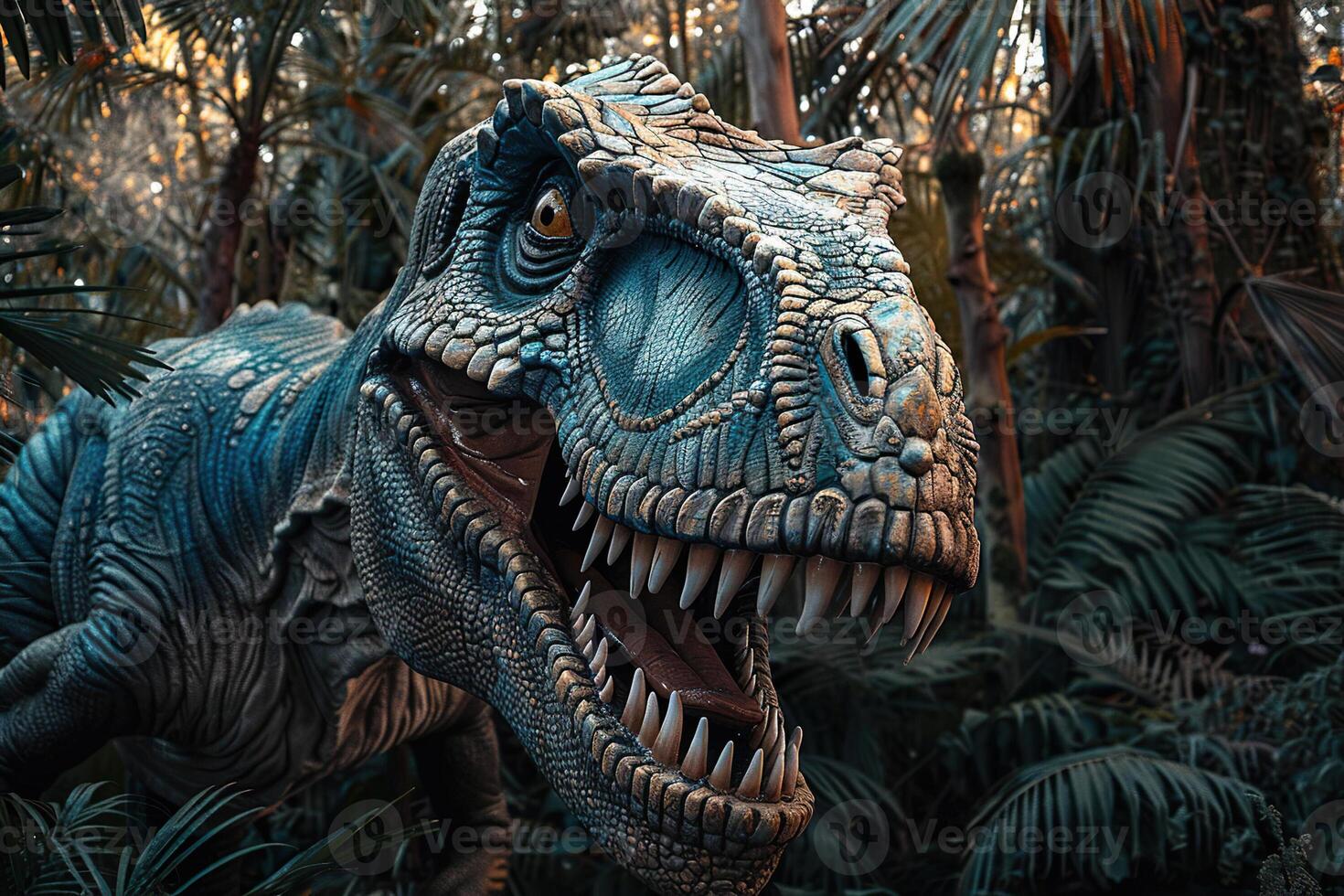 gros effrayant faim dinosaure avec gentil yeux et tranchant les dents détruire parc photo