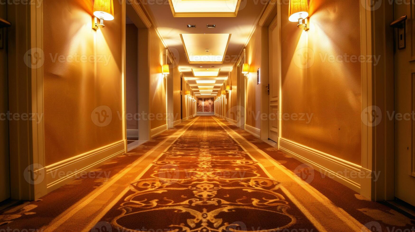 élégant Hôtel couloir illuminé par mur appliques, avec fleuri tapis de premier plan à disparition indiquer, architecture et luxe Voyage concepts photo