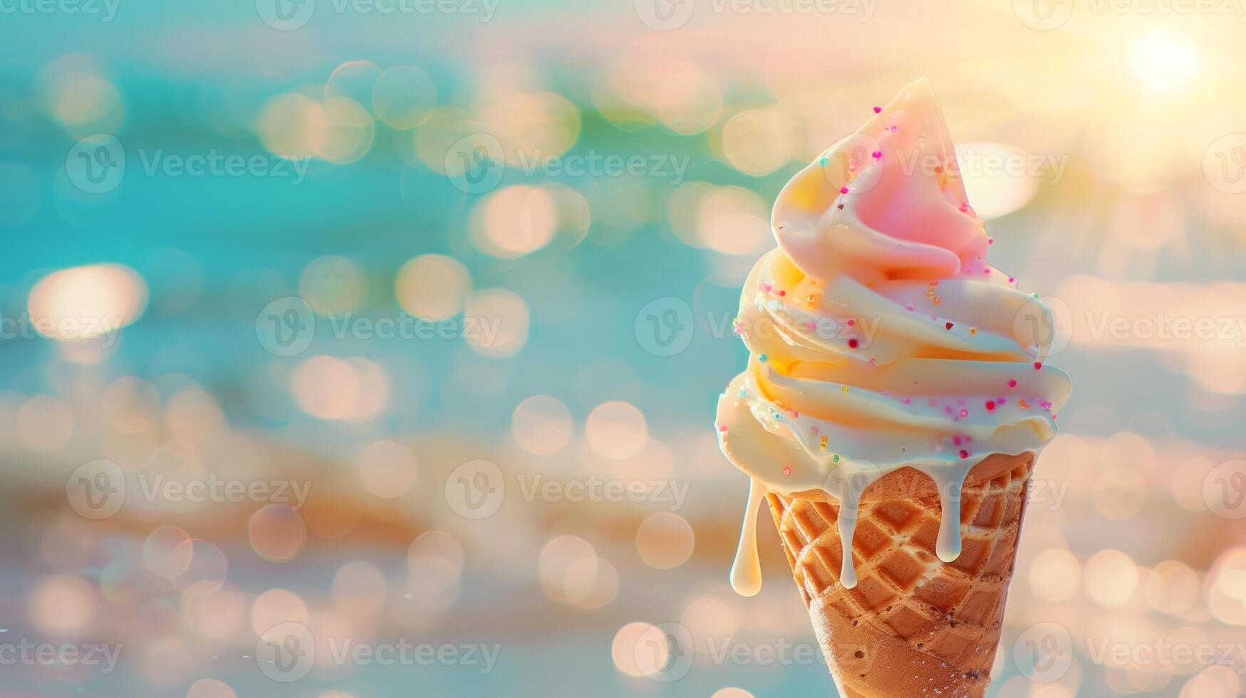 la glace crème cône fusion en dessous de le chaud été Soleil vif couleurs et une flou plage Contexte photo