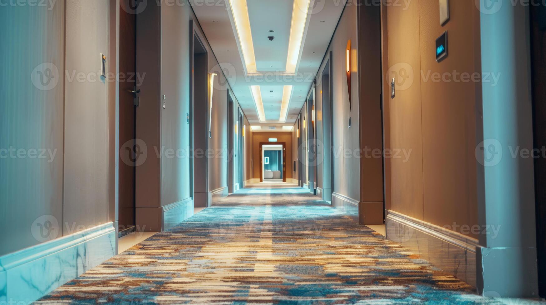 moderne Hôtel couloir avec vibrant tapis conception et élégant éclairage, idéal pour voyage, hospitalité industrie, et architectural thèmes photo