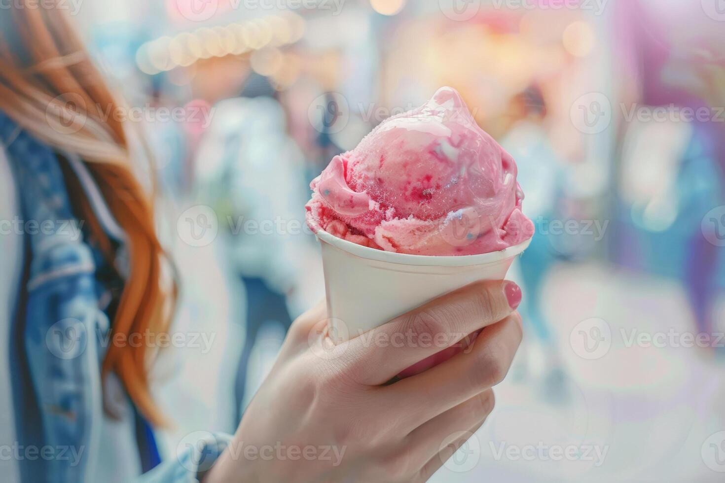 Jeune femme profiter une rose fraise la glace crème dans une blanc papier tasse, avec une flou été juste Contexte idéal pour été et nourriture festivals photo