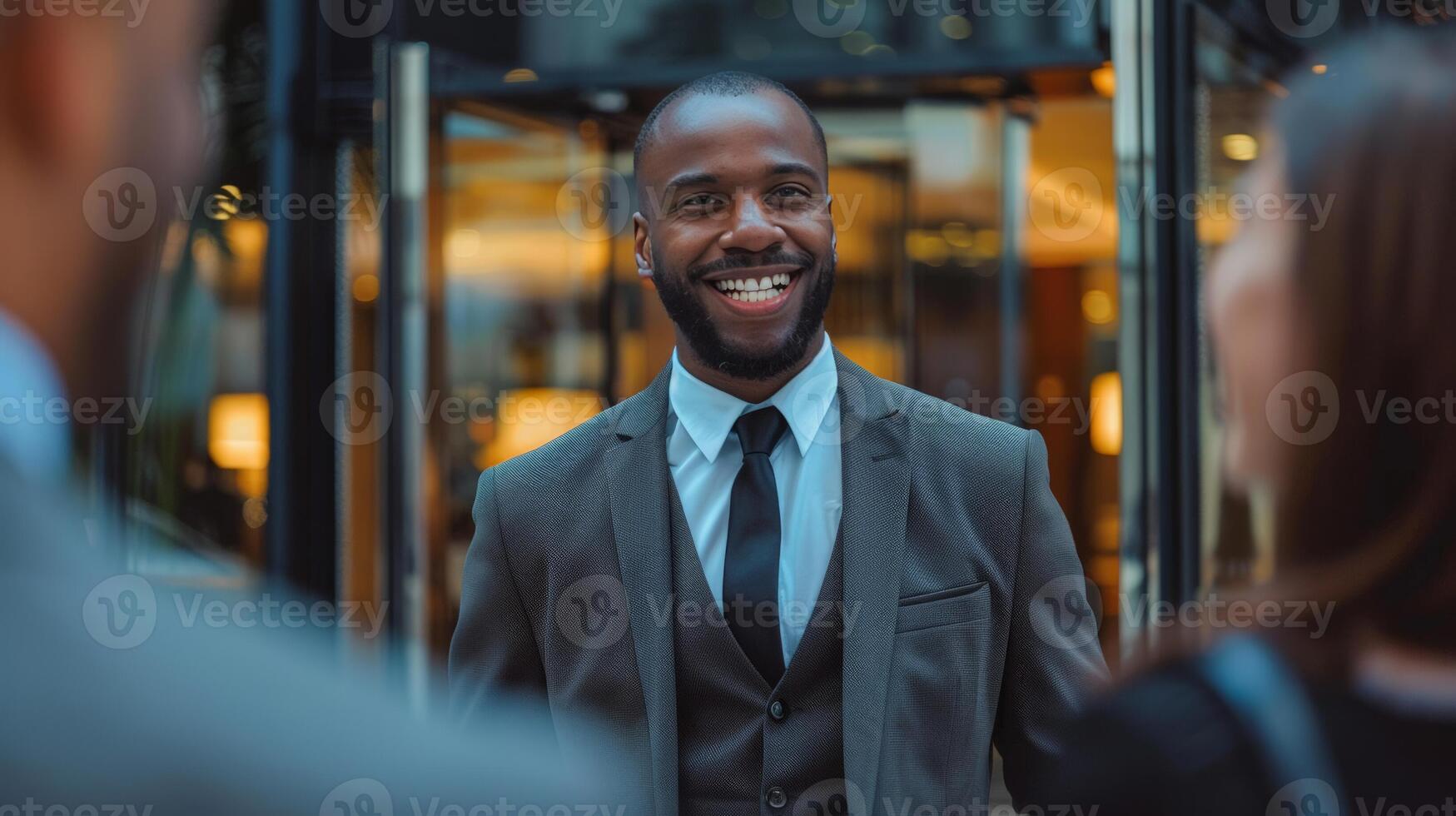 sur de soi africain américain homme d'affaire dans une costume souriant pendant une amical conversation à l'extérieur le bureau, idéal pour entreprise culture et professionnel la mise en réseau concepts photo