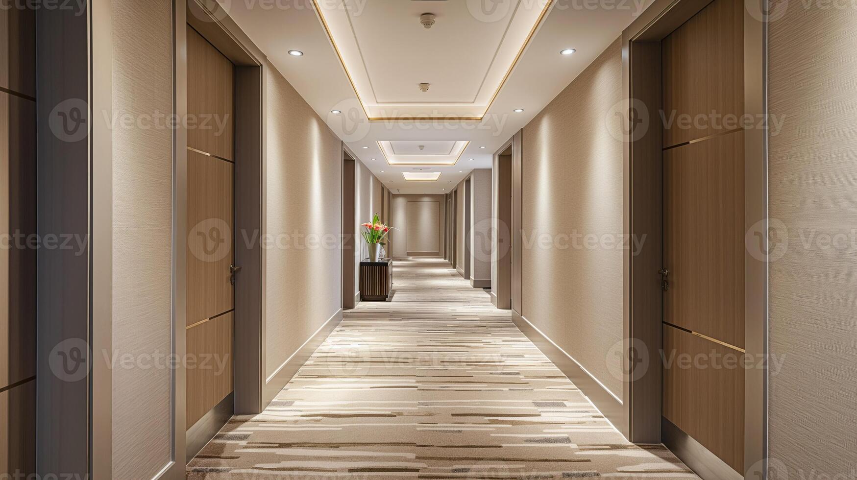 élégant moderne Hôtel couloir avec beige des portes et décoratif éclairage, adapté pour affaires Voyage ou hospitalité industrie contenu photo