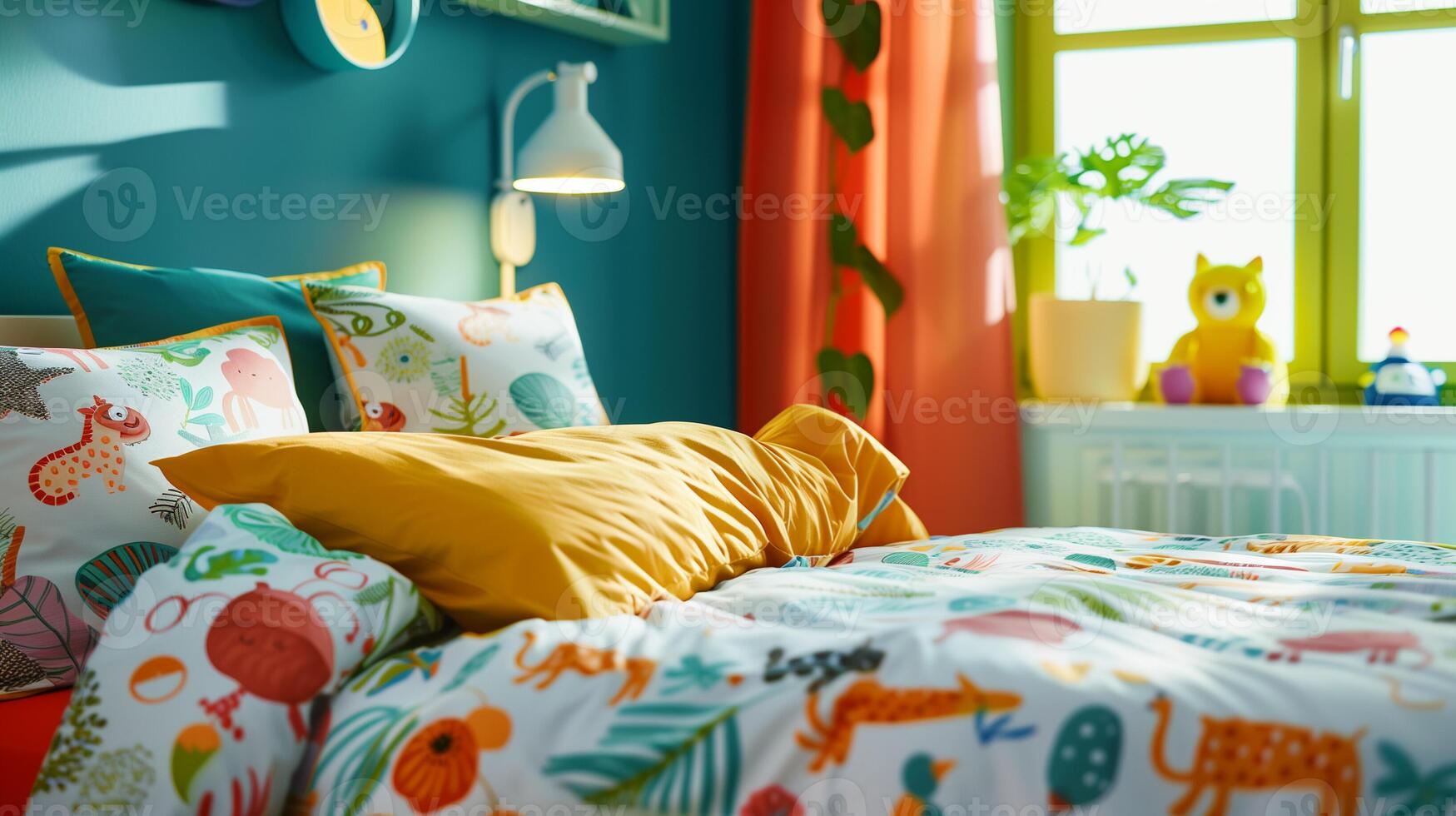 coloré enfants chambre avec animal à thème literie et vibrant décor, idéal pour intérieur conception concepts et retour à école thèmes photo