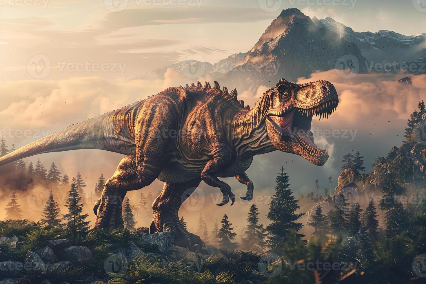 sur thème de gros effrayant faim dinosaure avec gentil yeux et tranchant les dents détruire parc photo