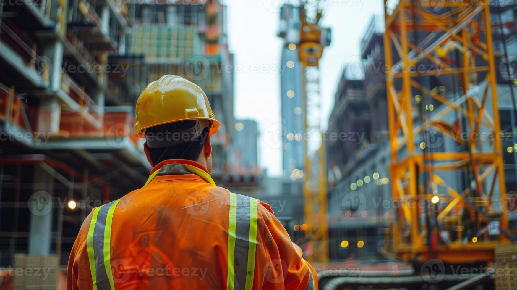 tandis que inspecter une grue dans opération le site directeur assure cette tout sécurité protocoles sont étant suivi photo