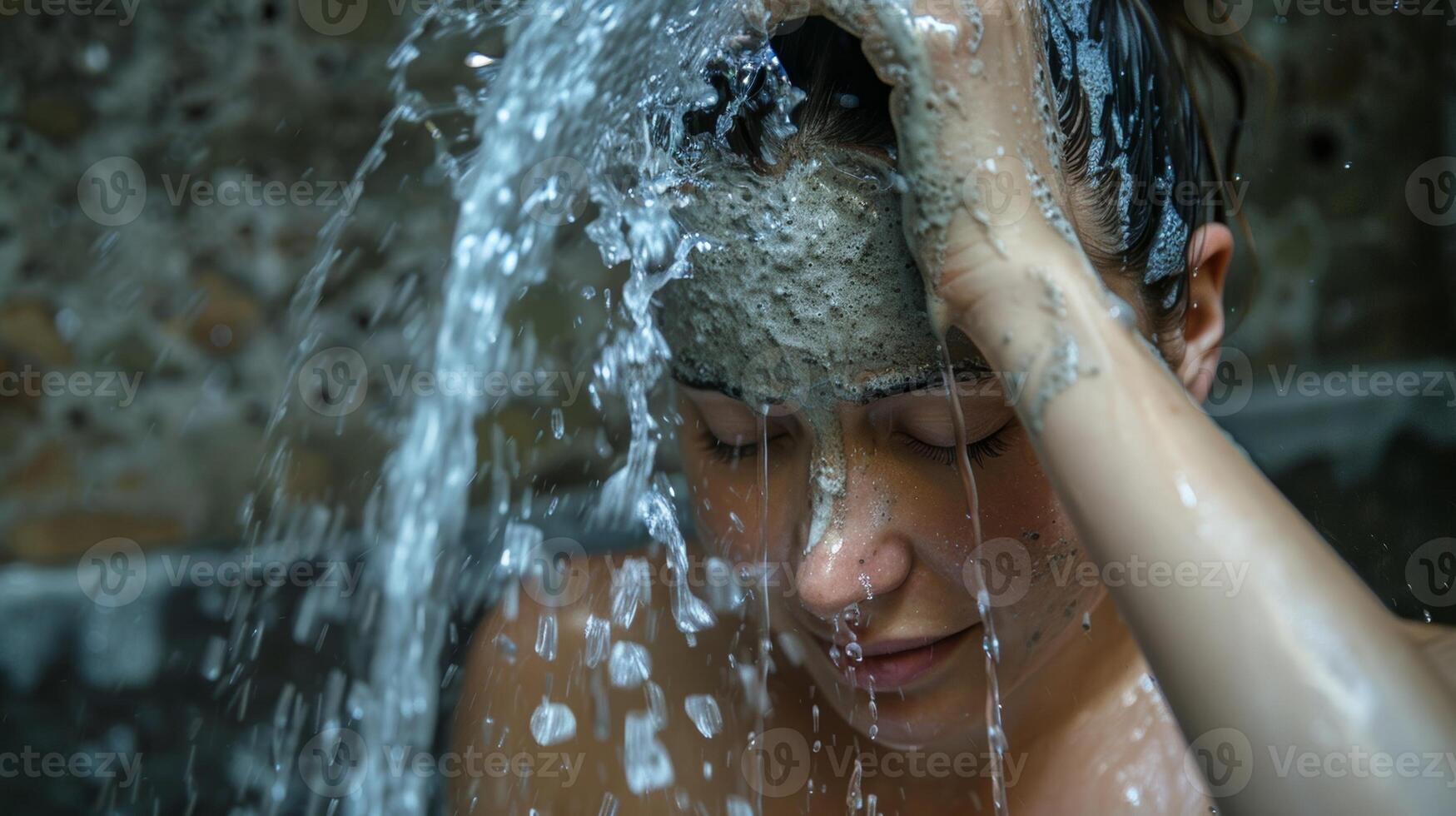une femme verser du froid l'eau plus de sa tête dans le sauna rinçage de une détoxifiant boue masque comme elle se détend dans le chaleur. photo