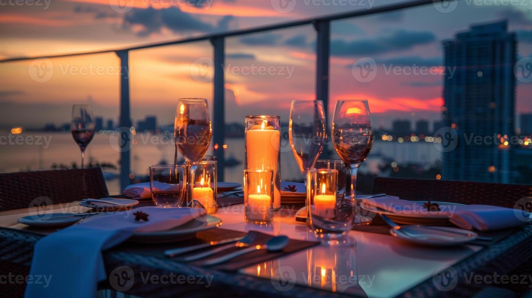 comme le Soleil ensembles plus de le ville le bougies viens à la vie éclairant le table avec un enchanteur lumière du feu. 2d plat dessin animé photo