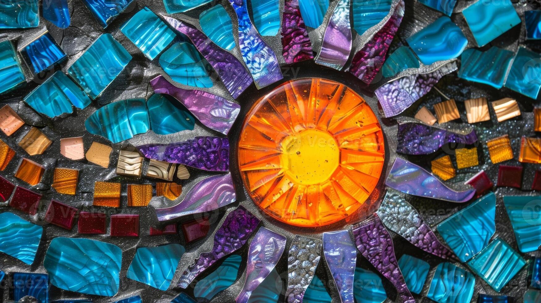 une mosaïque Soleil receveur fabriqué de une mélange de céramique carrelage et coloré verre avec des rayons de bleu violet et orange. photo