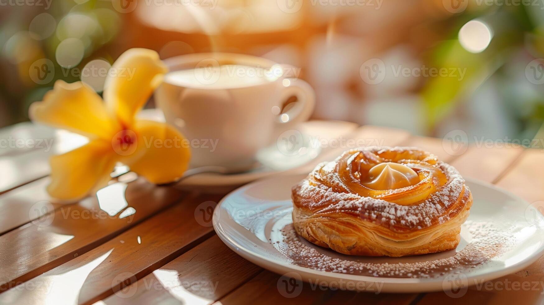 élever votre petit déjeuner Jeu avec une tropical Pâtisserie et café Matin une rencontre fabriqué dans culinaire paradis photo
