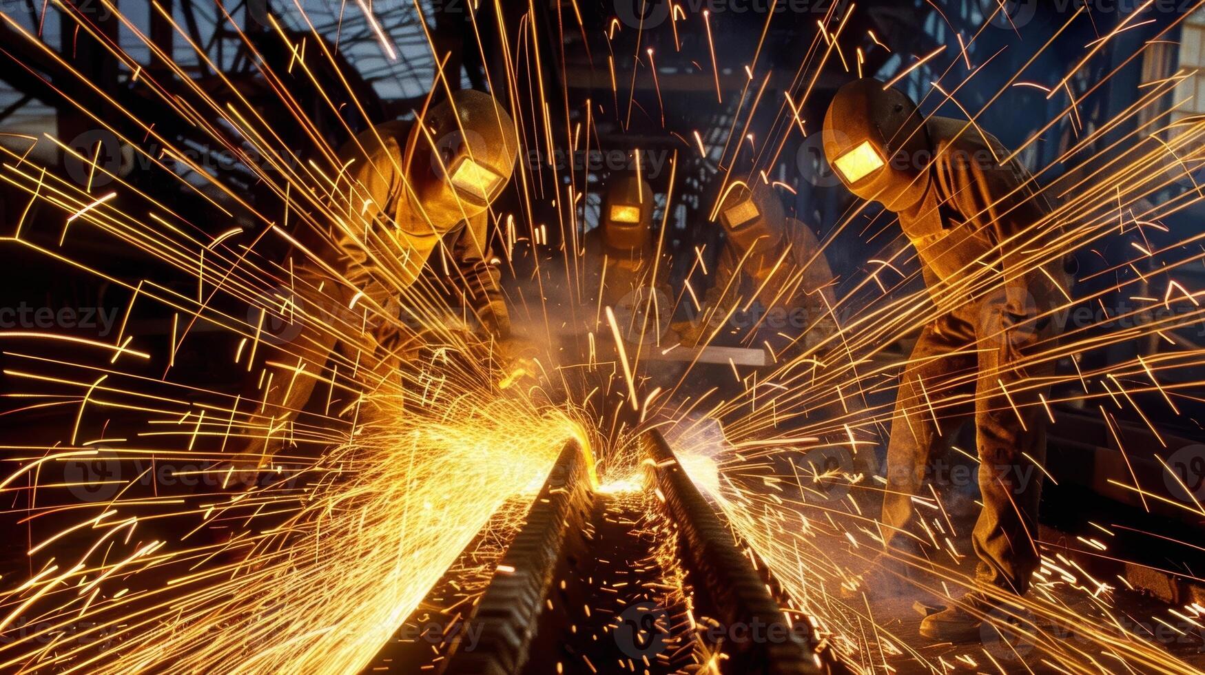 une équipe de soudeurs création des étincelles comme elles ou ils joindre métal pièces ensemble à forme une de construction cadre photo