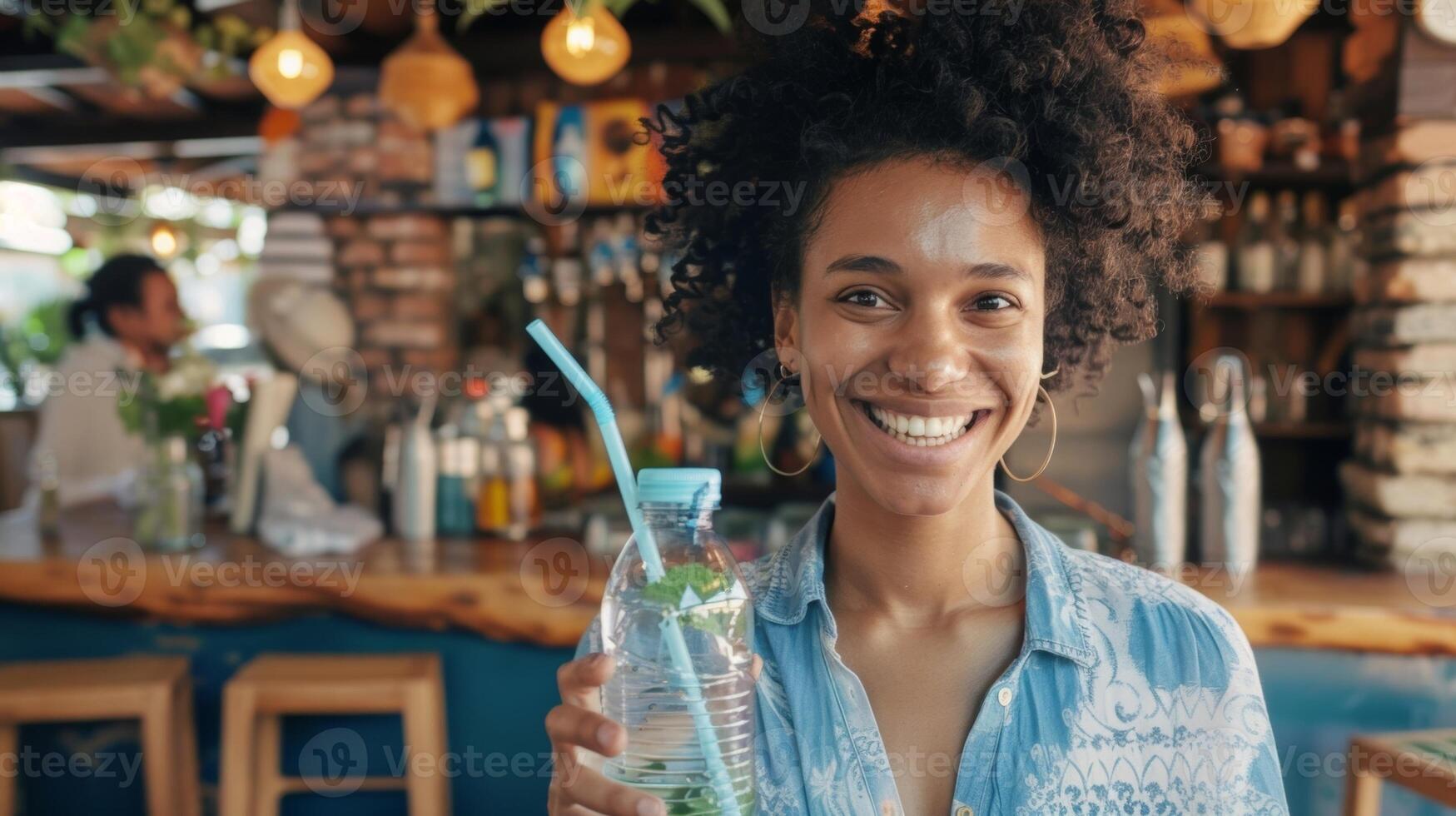 une client en marchant en dehors de le content heure avec une satisfait sourire en portant une rechargeable l'eau bouteille et une réutilisable paille photo