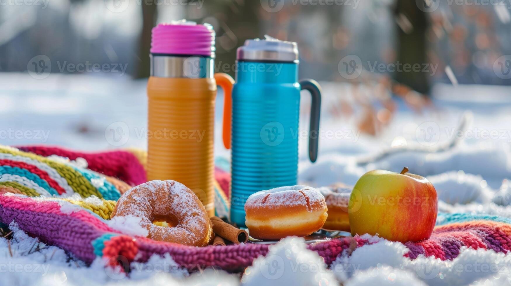 une hiver pique-nique dans le parc avec coloré thermos rempli avec ed chai thé et chaud Pomme cannelle beignets photo