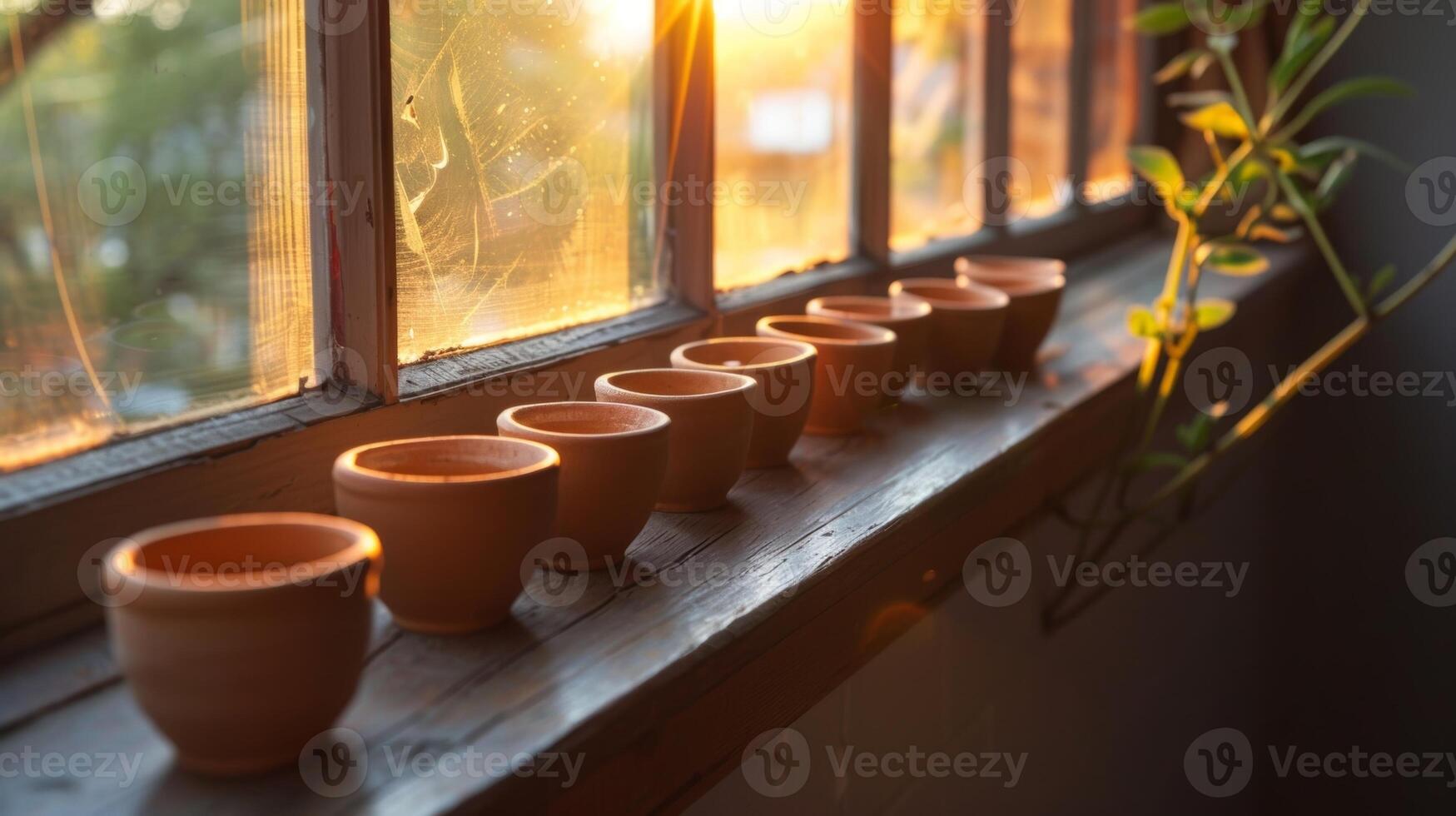 une ensemble de argile votif titulaires p le long de une rebord de fenêtre contagieux le dernier des rayons de lumière du soleil comme le journée vient à un fin. photo