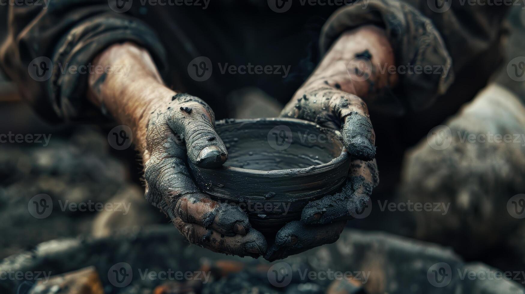 le potiers mains sont noirci avec suie une testament à le heures dépensé tendre à le Feu et le argile. 2d plat dessin animé photo