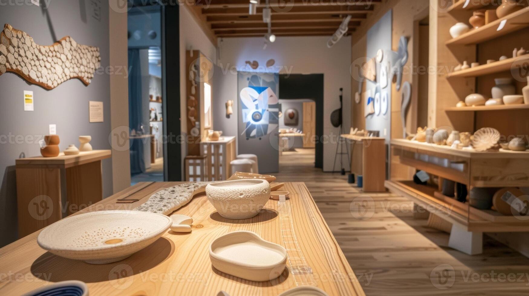 le final pièce de le exposition où les spectateurs pouvez voir le fini des produits de le interactif Activités création une sens de accomplissement et lien à le art de fabrication de poterie. photo