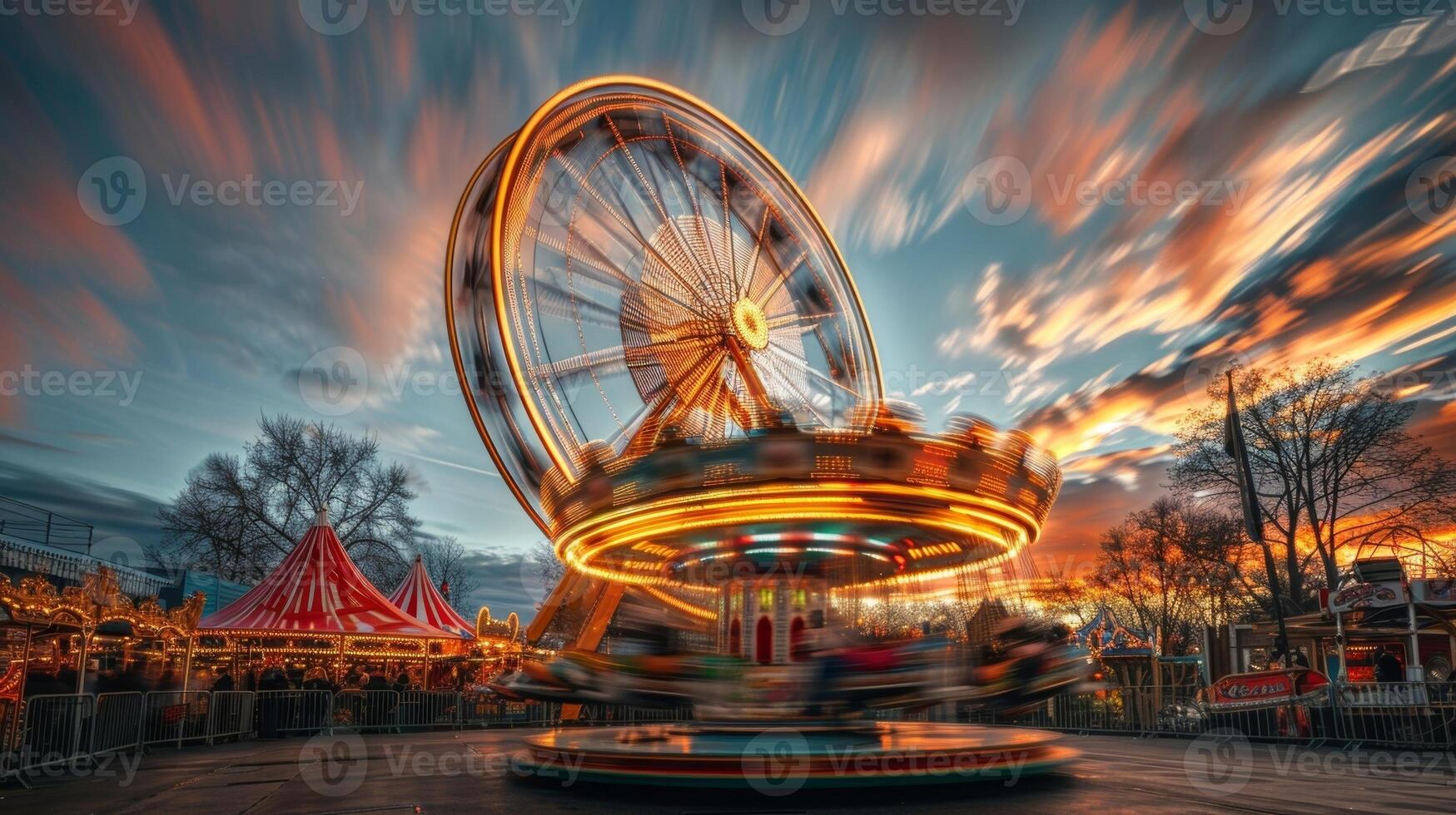 comme le Soleil trempettes au dessous de le horizon le ciel est peint avec stries de d'or lumière reflétant de le scintillant ferris roue et carrousel photo