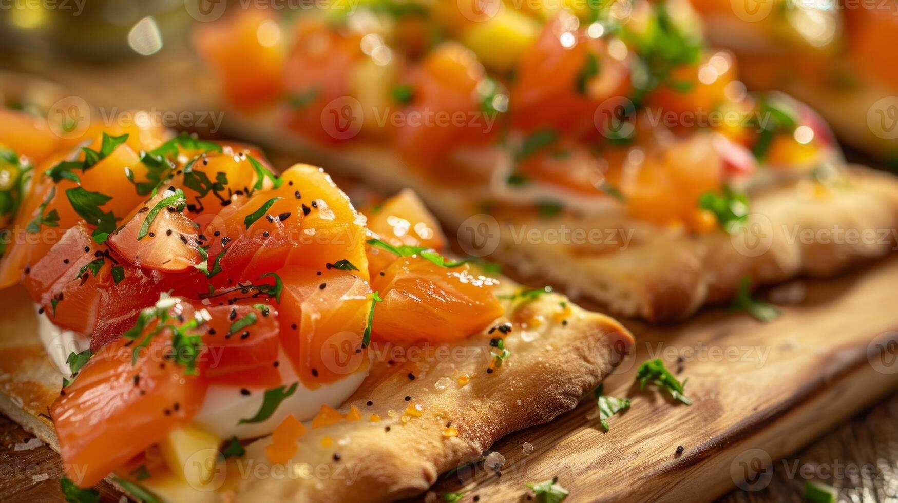 inspiré des îles galette surmonté avec fumé Saumon crème fromage et une tropical fruit mélange photo