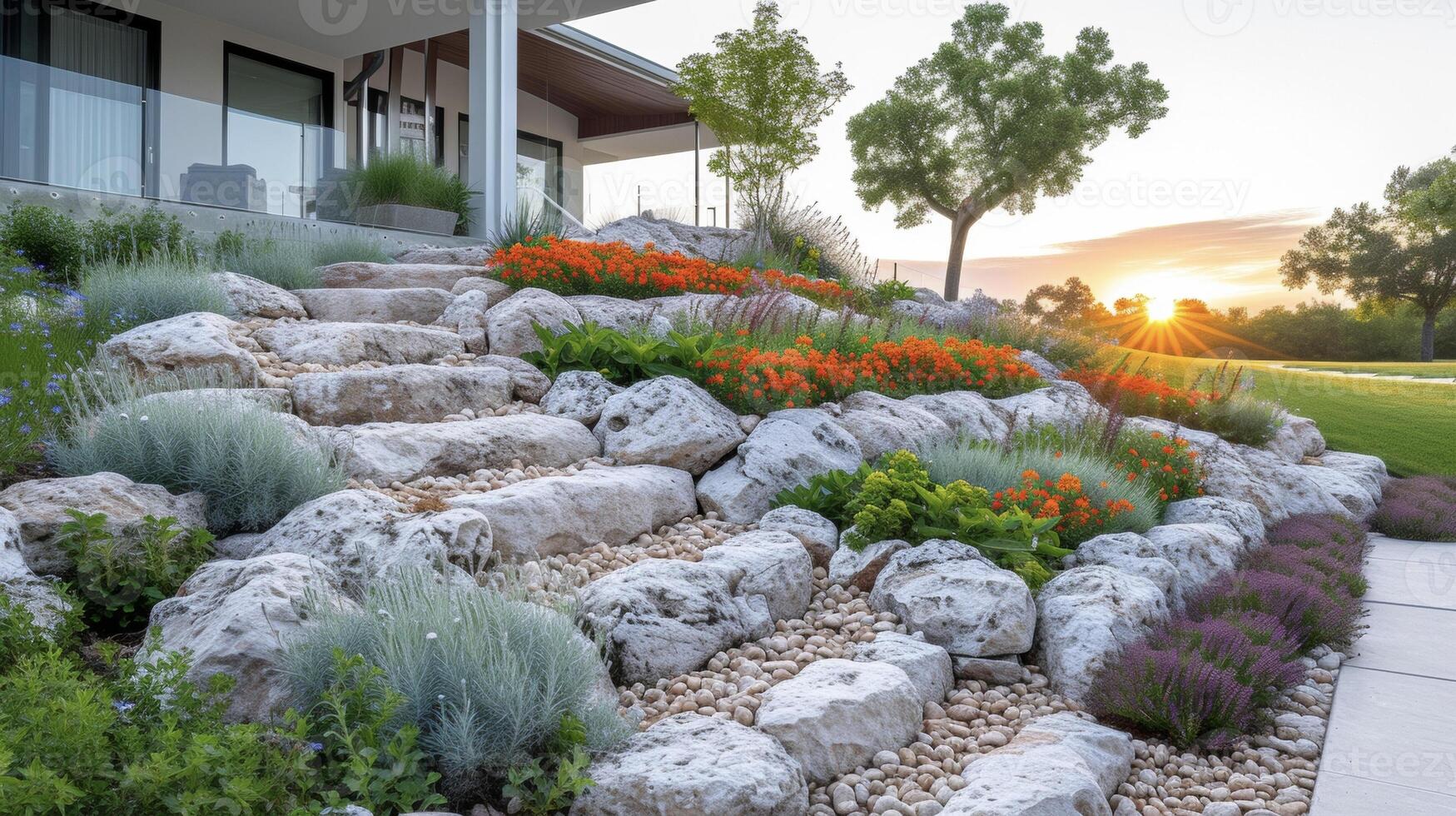 une magnifique échelonné Roche jardin rempli avec plantes succulentes et autre résistant à la sécheresse les plantes prouver cette durable aménagement paysager pouvez aussi être esthétiquement plaisant photo