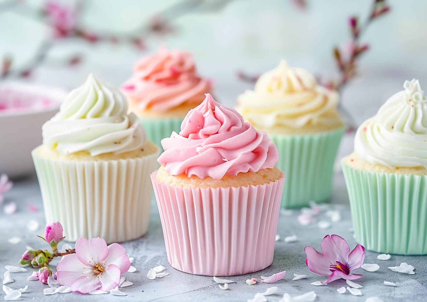 coloré pastel petits gâteaux avec crème généré par ai. photo