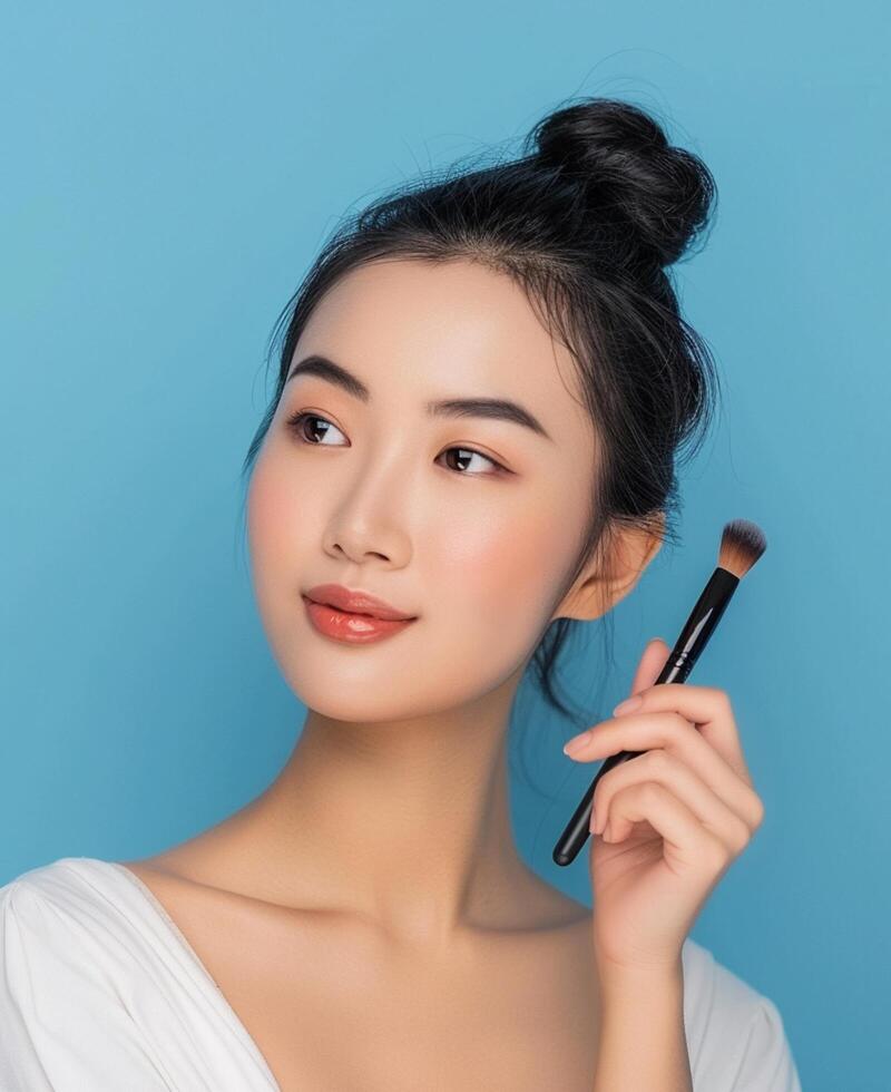 portrait de une magnifique souriant asiatique femme avec une lisse et nettoyer affronter. peau se soucier La publicité concept pour jeunesse avec brillant aqua bleu Contexte. photo