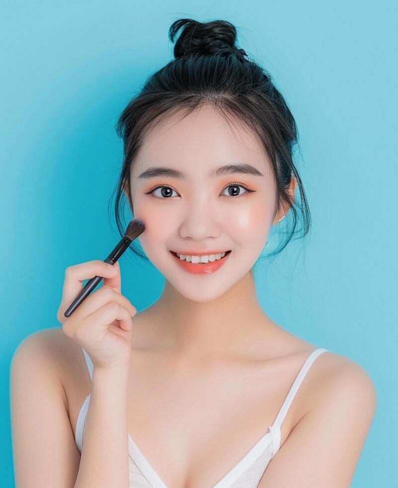 portrait de une magnifique souriant asiatique femme avec une lisse et nettoyer affronter. peau se soucier La publicité concept pour jeunesse avec brillant aqua bleu Contexte. photo