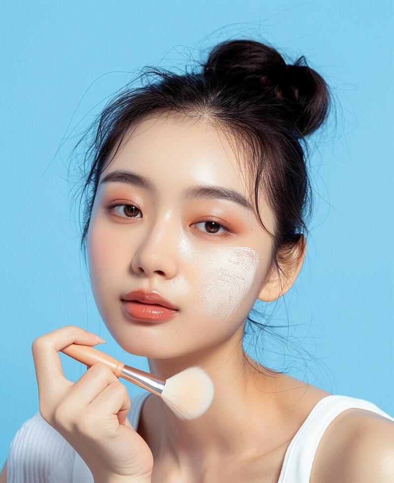 portrait de une magnifique souriant asiatique femme avec une lisse et nettoyer affronter. peau se soucier La publicité concept pour jeunesse avec brillant aqua bleu Contexte. photo