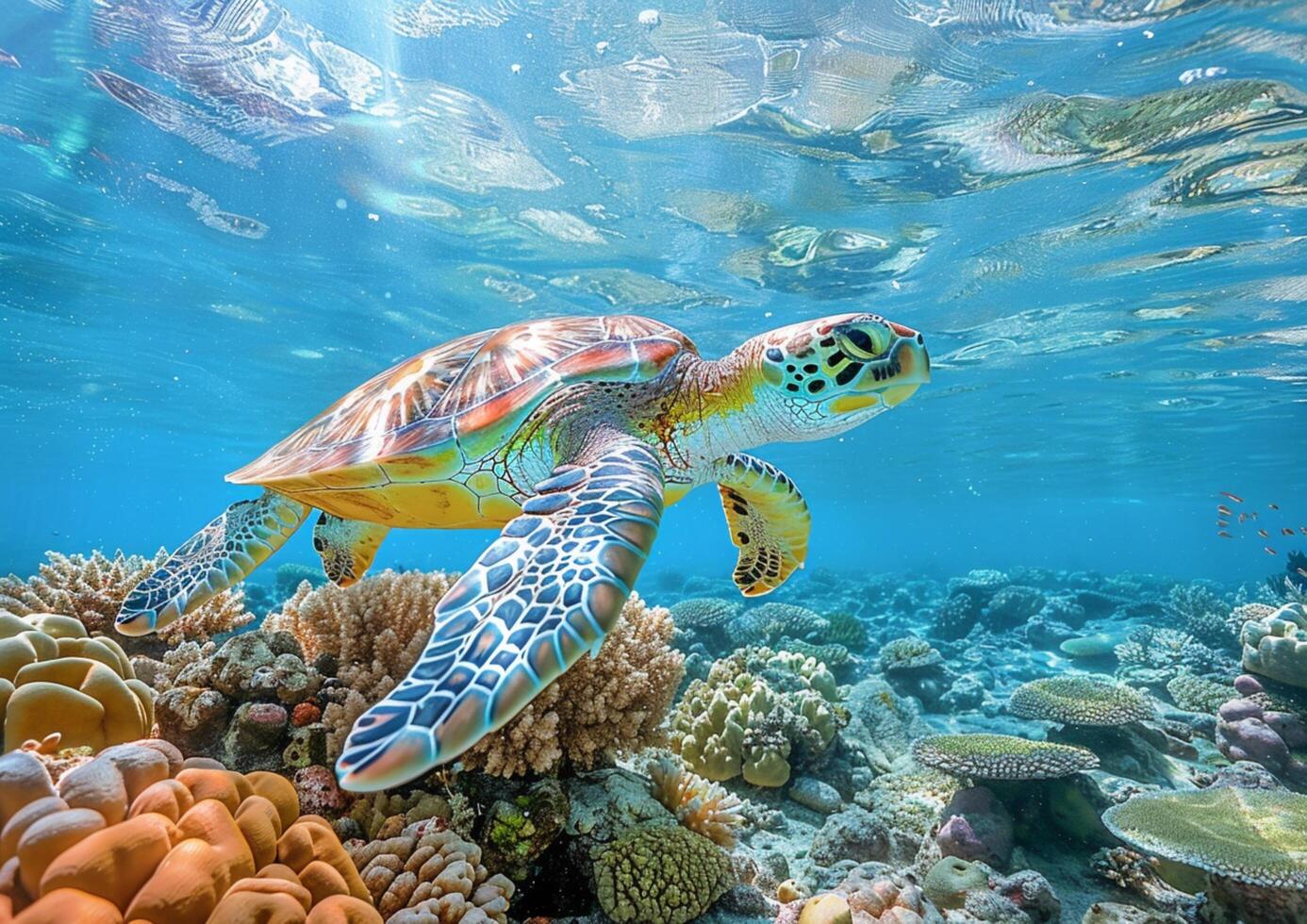 une vert mer tortue avec une difficile coquille nage dans le Profond mer avec vivement coloré corail récifs généré par ai. photo