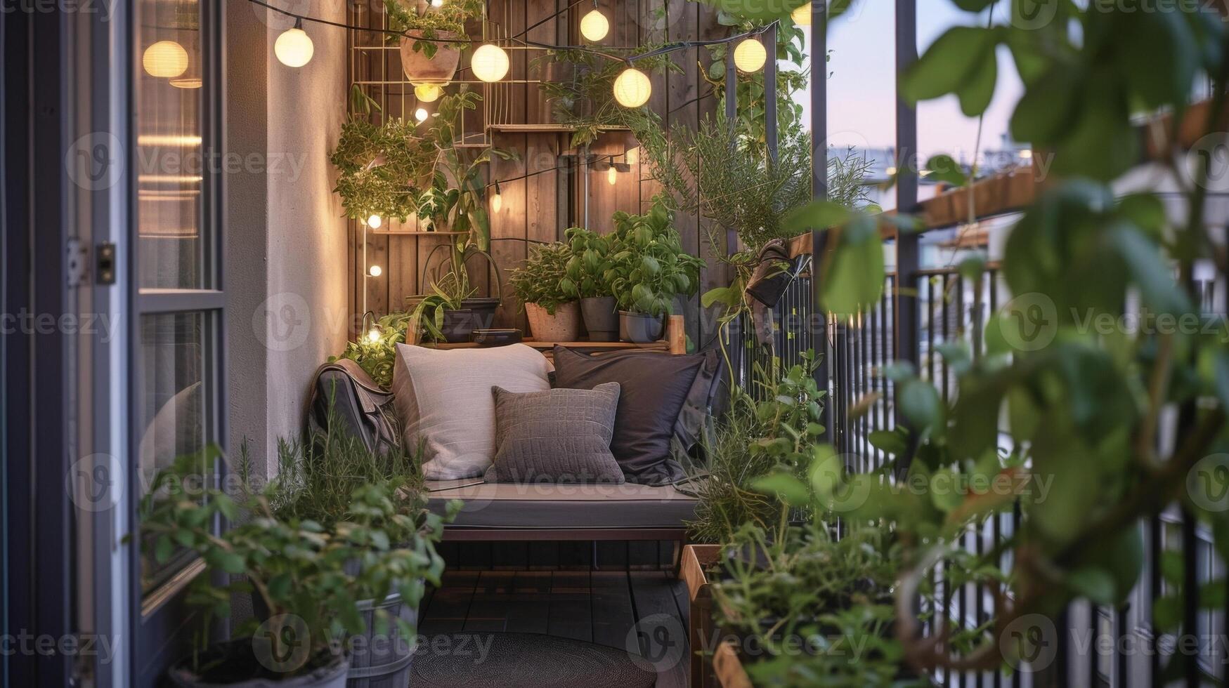 une petit Urbain balcon tourné dans une luxuriant vert oasis avec mis en pot les plantes une mini herbe jardin et lingue chaîne lumières photo