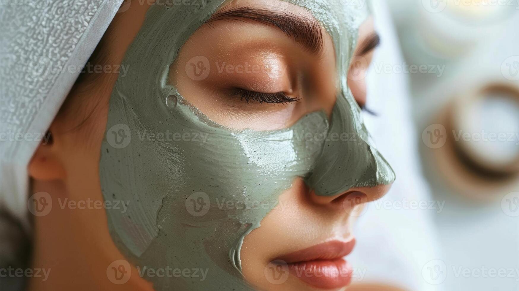 appliquant une Naturel argile masque à le visage riches dans minéraux et détoxifiant propriétés. photo