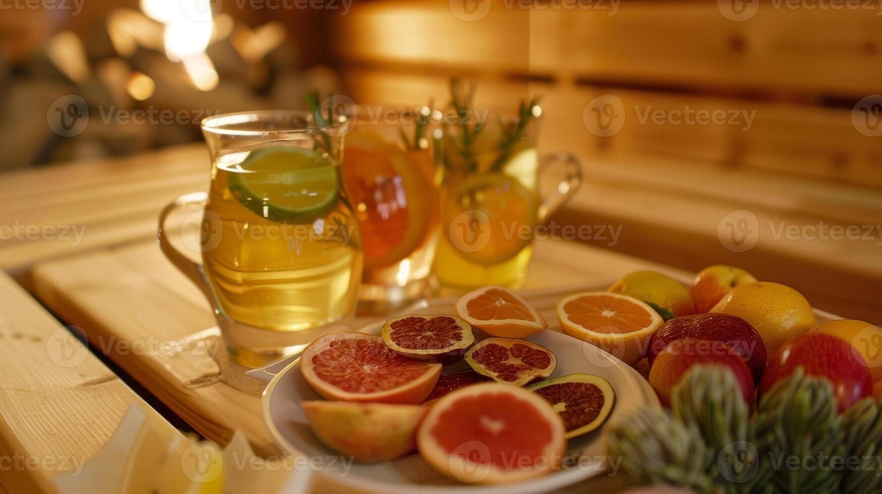 une plateau de fraîchement des fruits et à base de plantes thé apprécié par le groupe pendant une Pause de le sauna. photo
