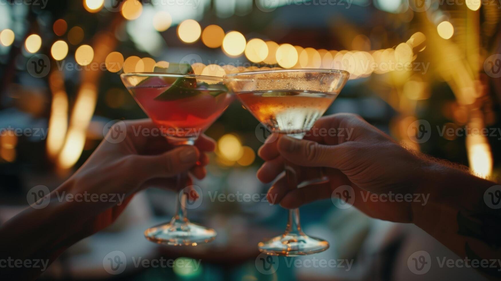 comme le soir vient à un fin le couple cliquetis leur mocktail des lunettes ensemble dans une pain grillé fier de leur délicieux et unique les créations photo