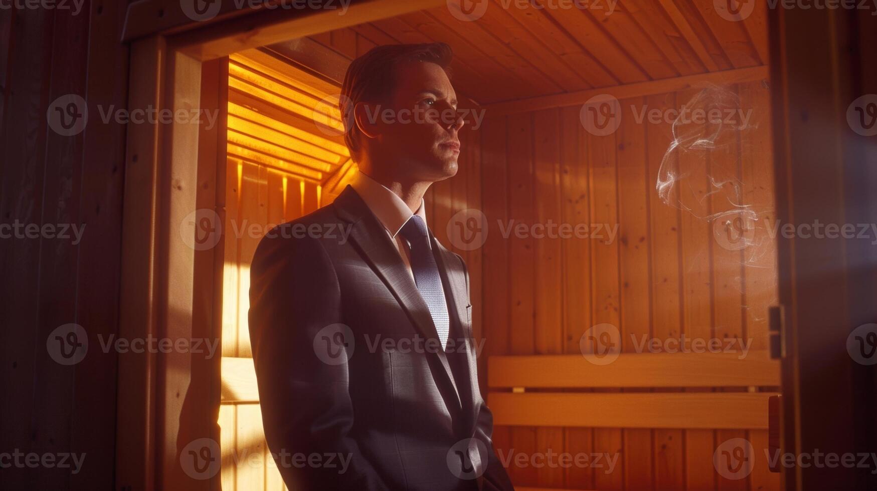 une homme dans une affaires costume pas en dehors de le sauna rafraîchi et revigoré pour le sien A venir stress élevé présentation. photo