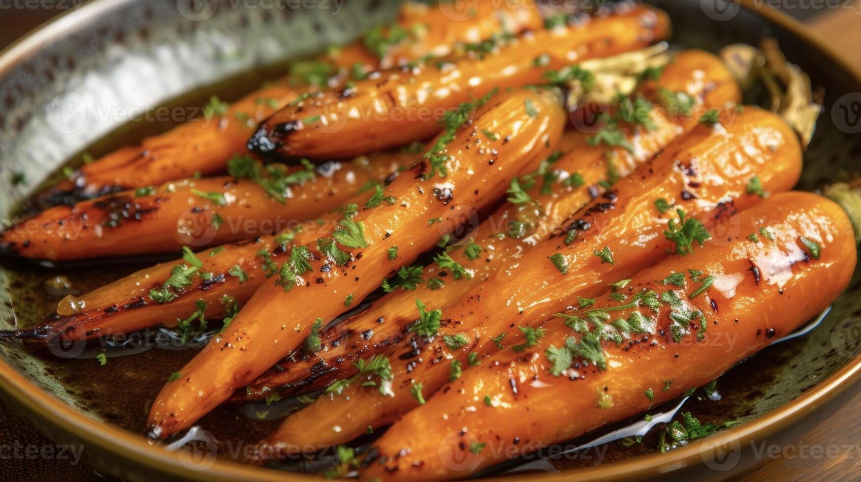 une chaud et attrayant assiette de rôti au feu carottes brossé avec une gluant mon chéri glaçage et saupoudré avec parfumé herbes. le ultime confort nourriture pour une froid même dans photo