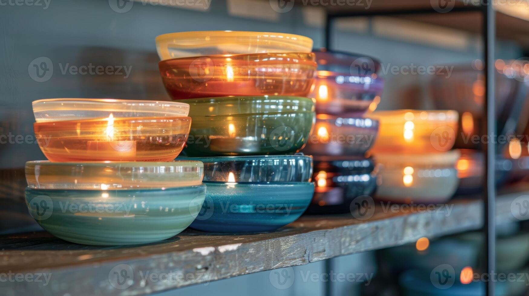 une empiler de soufflé à la main verre boules chaque un unique repose sur une étagère reflétant le chaud lueur de le bougies. 2d plat dessin animé photo